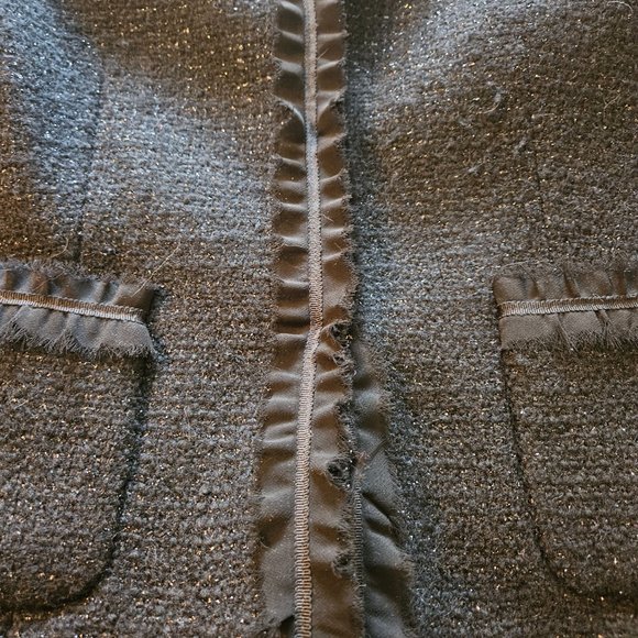 Talbots Black Shimmer Tweed Jacket Like New 3/4 Sleeve w/Ribbon Fringe Trim 10P - Picture 5 of 8